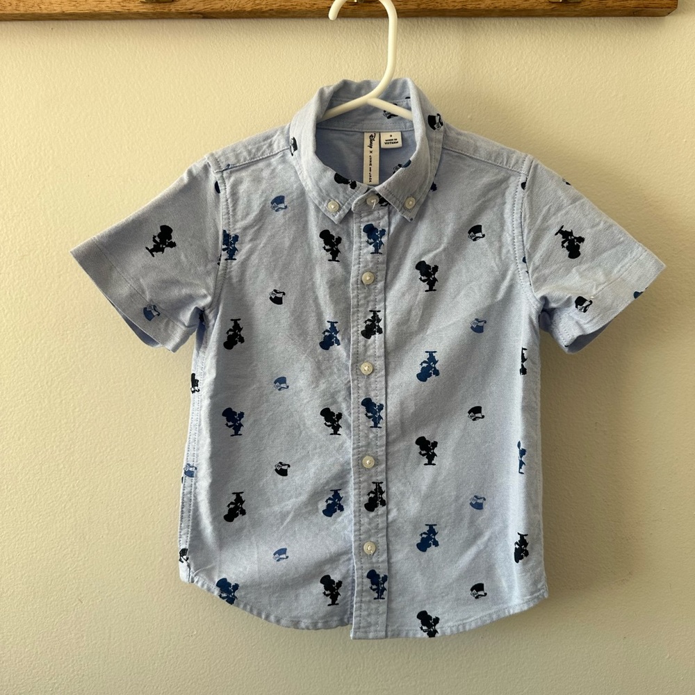 Toddler short sleeve dress shirt, blue button down, Mad Hatter, Disney collab
